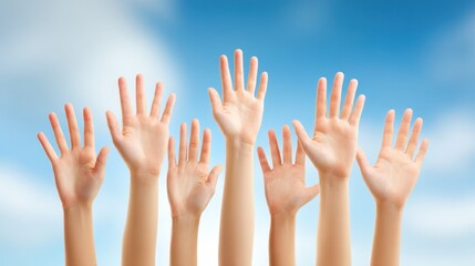 Diverse Hands Raised in Unity Against a Sky Backdrop.