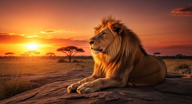 Majestic lion resting on a rock at sunset in the African savanna.