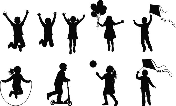 Black silhouettes of children engaged in playful activities including jumping, kite flying, scooter riding, ball games, and joyful movement.