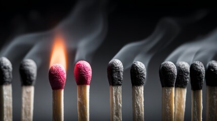 Single glowing matchstick, surrounded by extinguished gray matchsticks, emits warm light and smoke, symbolizing uniqueness, individuality, and contrast in dark environment