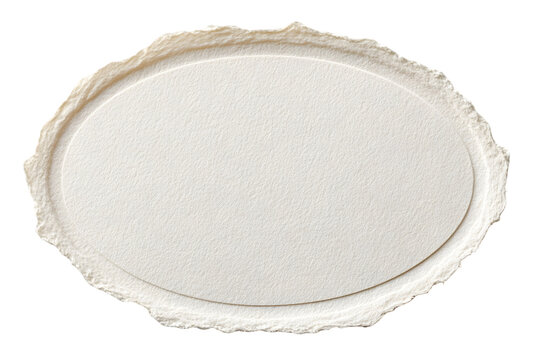 An elegant, cream-colored, textured oval paper label with a distinctive deckled and handmade torn edge design, featuring a central embossed smooth area on transparent background.&nbsp;