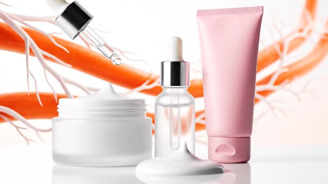 Cosmetic products with serum and cream being applied on a sleek surface with dynamic smoke ring animation
