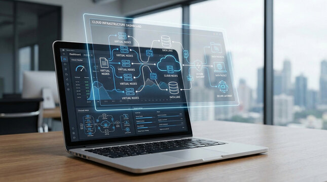 Cloud infrastructure dashboard laptop remote server digital data virtual node data center hologram system monitoring network diagram cloud storage cyber security wood desk modern office with city