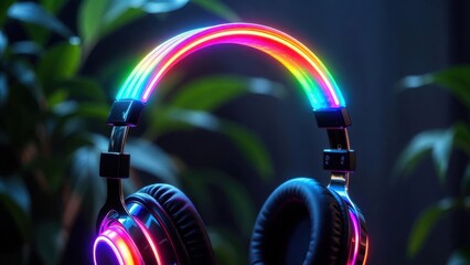 Naklejka premium Neon headset glows vividly against dark backdrop