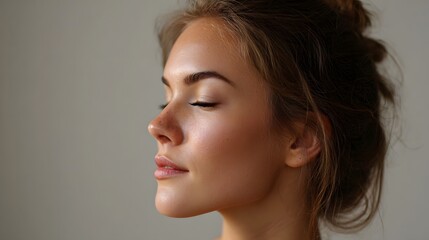 Fototapeta premium Profile of a serene young woman with eyes closed bathed in soft light against a neutral background