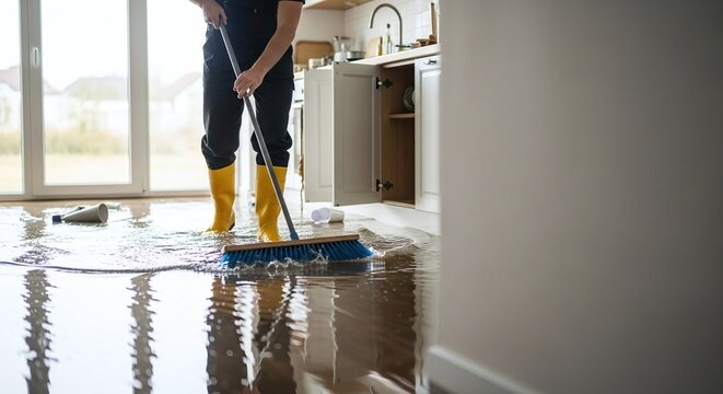 Homeowner in Rubber Boots Pushing Water from Flooded Kitchen Floor