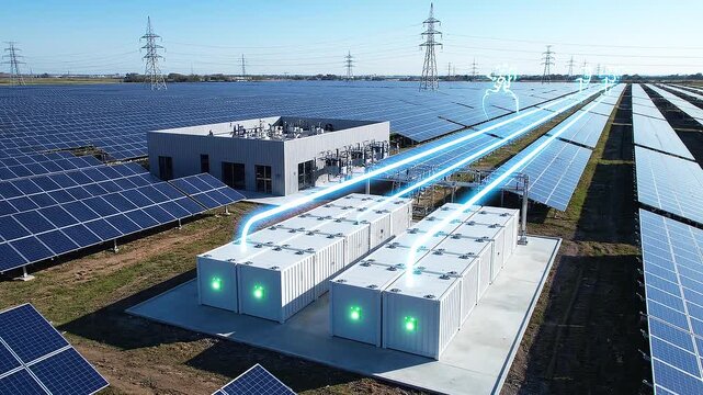 Solar farm generating electricity with battery storage system in a vast field