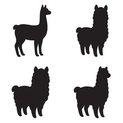 Fototapeta premium Four Llama Silhouettes Standing on White Background Front and Side Views Minimalist Stock