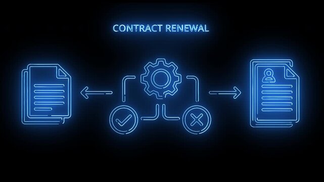Neon-lit infographic illustrating contract renewal process with glowing blue icons on dark background.