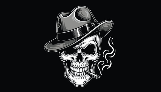 Detailed Grayscale Skeleton in Fedora Illustration - Edgy Mafia Style Skull Character Smoking a Cigar for Streetwear and Urban Graphic Design.