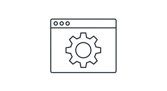Simple line icon of browser window with gear symbol.