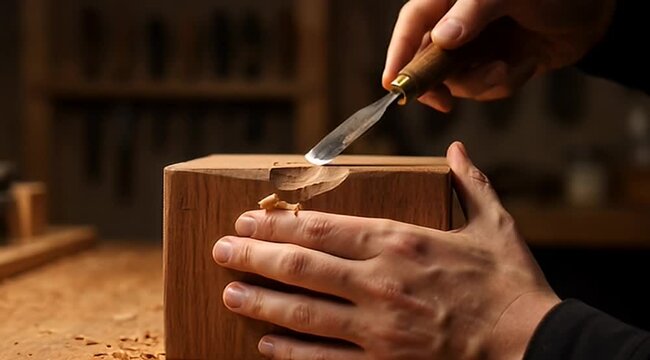 Close up of a woodworker carefully carving a wooden block with a chisel