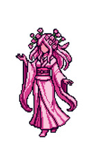 Pixelated figure in pink traditional attire against black background