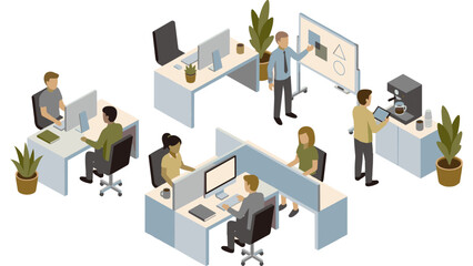 Isometric illustration of business people working in a modern open plan corporate office.