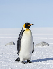 Fototapeta premium King Penguin Standing on Snowy Ground in Antarctic Landscape with Clear Blue Sky and Distant Rocks Natural Wildlife Photography