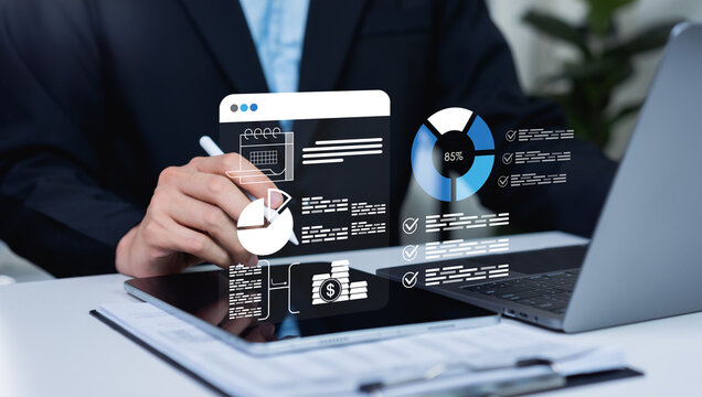 Businessman uses a digital checklist to manage budgeting and accounting activities, ensuring financial accuracy, compliance, and effective business management through organized workflow control.
