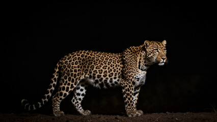 Fototapeta premium Majestic Leopard Standing in Profile Against Dark Background, Wildlife Photography with Dramatic Lighting and Detailed Spotted Fur Texture for Nature or Conservation Themes