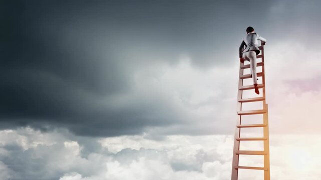 Person Climbing Ladder Against Dramatic Cloudy Sky - Hope, Perseverance, and Achievement in a Landscape of Opportunity.