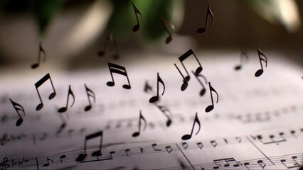 Music notes float above sheet music