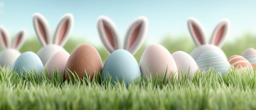 Easter eggs decorated as cute bunny faces arranged on fresh green grass with spring flowers. Festive seasonal background, holiday decoration, cheerful greeting concept.