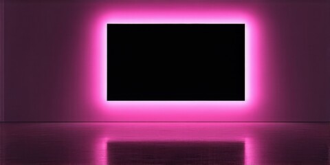 Fototapeta premium Minimalist interior. Dark room features glowing pink rectangle, reflecting on polished floor. Modern design, simple geometry.