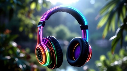 Naklejka premium Neon headphones glow vividly against lush jungle backdrop