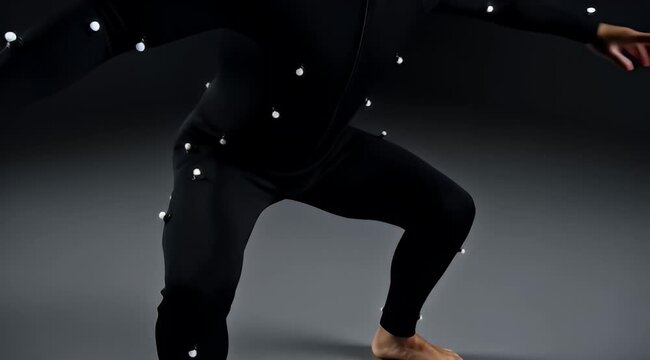 Close up of motion capture actor in black suit with white sensors