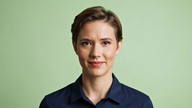 Woman posing with neutral expression against green backdrop for portrait