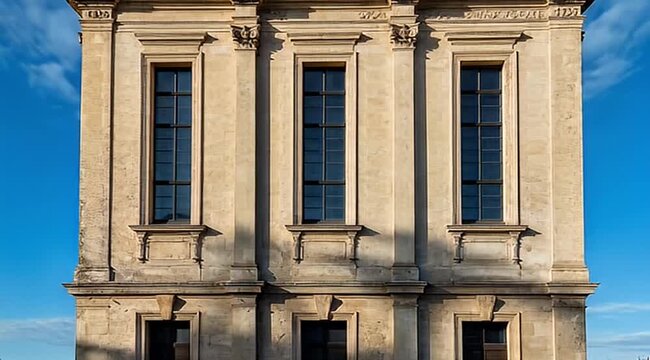 Architectural facade featuring ornate windows and classical details under a bright blue sky