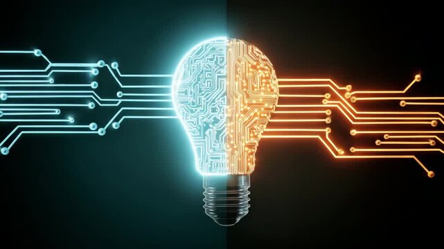 A future light bulb shaped from glowing circuit patterns symbolizing artificial intelligence and digital innovation.