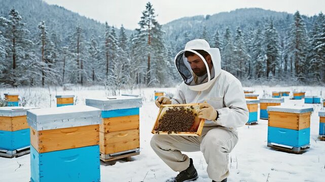 Beekeeper inspecting honeycomb during winter, examining bees in a hive, apiary in snowy landscape, winter beekeeping.