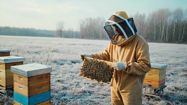 Beekeeper inspecting honeycomb frames outdoors, close-up of honeybee larvae and worker bees in a hive box.