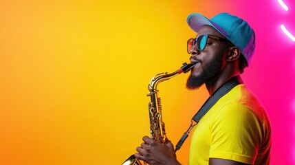Naklejka premium A cool saxophonist passionately plays his instrument against a vibrant background, embodying musical artistry and the joy of jazz music that resonates with the soul.