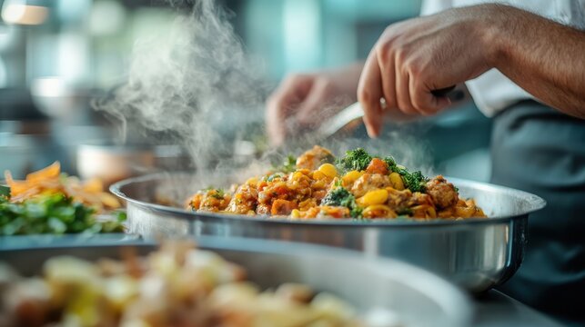 A close-up shot of a chef skillfully preparing a steaming vegetable dish in a modern kitchen, highlighting the artistry and passion involved in culinary practice.