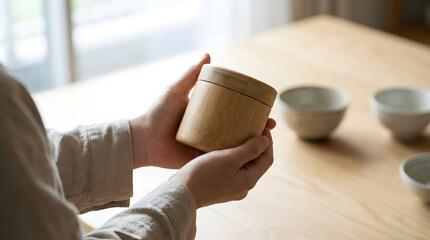 Eco-conscious individual holding bamboo packaging sustainable product in a cozy home setting
