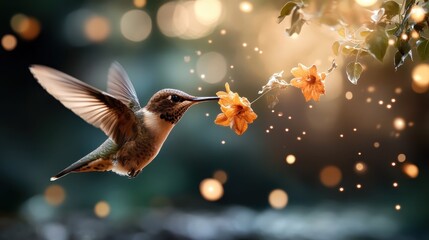 Fototapeta premium A vibrant hummingbird hovering near bright orange flowers, embodying the spirit of nature's harmony and life, captured beautifully in a moment of pollination and joy.