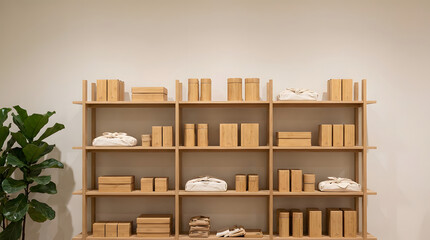 Sustainable product packaging with eco-friendly bamboo boxes neatly arranged on shelves for an organized and green retail display.