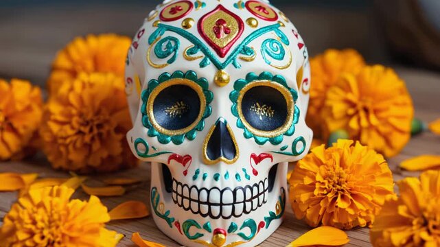 Decorated Sugar Skull Surrounded by Vibrant Marigolds, Celebrating Dia de los Muertos, Mexican Tradition.