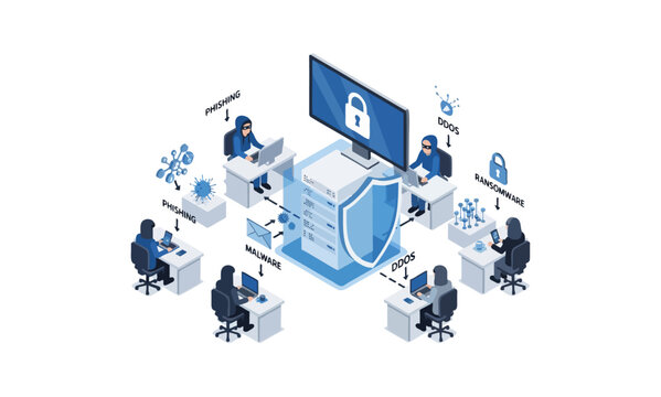 Isometric Cybersecurity Concept with Hackers and Secure Server.