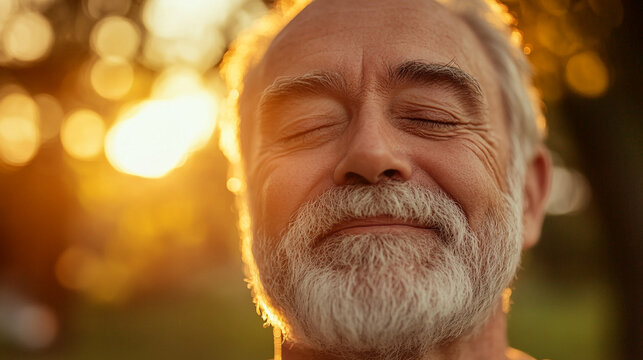 Close-up of an elderly man with warm wrinkles and silver beard, eyes closed in peaceful joy, soft golden sunset light touching his face, calm park environment softly blurred, emoti