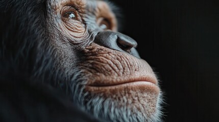 Obraz premium A striking close-up of a chimpanzee's face, highlighting its expressive eyes and thoughtful demeanor, offering a glimpse into the emotions of our intelligent cousins.