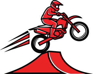 Motocross Rider Jumping Over Ramp Vector Illustration in Red and Black for Sports Design © SAIF820