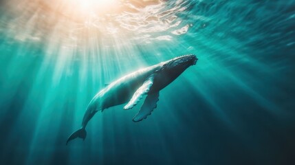 Obraz premium A stunning view of a humpback whale gracefully swimming through sunlight-dappled ocean waters, highlighting the beauty of marine life and underwater exploration.