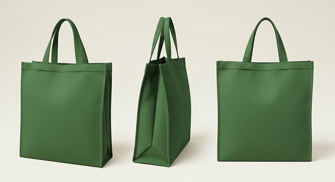 Green reusable tote bag mockup from multiple angles
