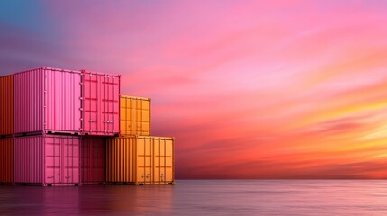 Vibrant shipping containers towering against a stunning sunset, reflecting beautiful hues across the ocean, creating a serene and colorful maritime scene.