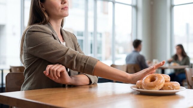 Woman pushing away plate of donuts while sitting at cafe table  