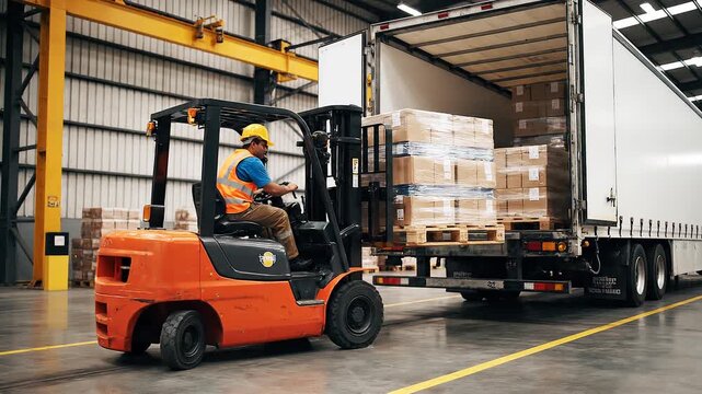 Skilled worker operating a forklift efficiently loads cardboard boxes onto a truck trailer inside a modern warehouse, ensuring streamlined logistics and distribution operations