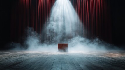 Naklejka premium A captivating stage scene featuring a spotlight shining on a wooden platform, enveloped in mystical fog and revealing a dramatic theatrical ambiance.