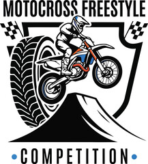 Motocross Freestyle Competition Logo with Rider Jumping Dirt Bike and Tire Graphic © SAIF820