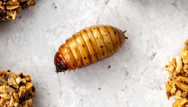 Close-up of a single, perfectly formed, edible insect larva with intricate segmentation and a detailed exoskeleton